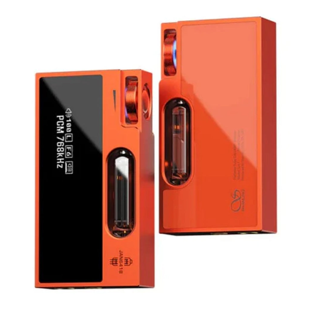 Orange electronic device with visible branding on a white background