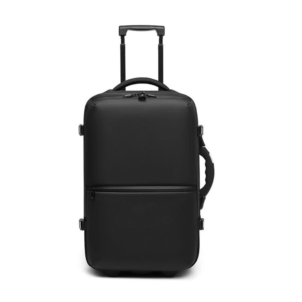 Front view of RZTX Smart Trolley Bag with sleek black design, ideal for modern travelers seeking functionality and style.