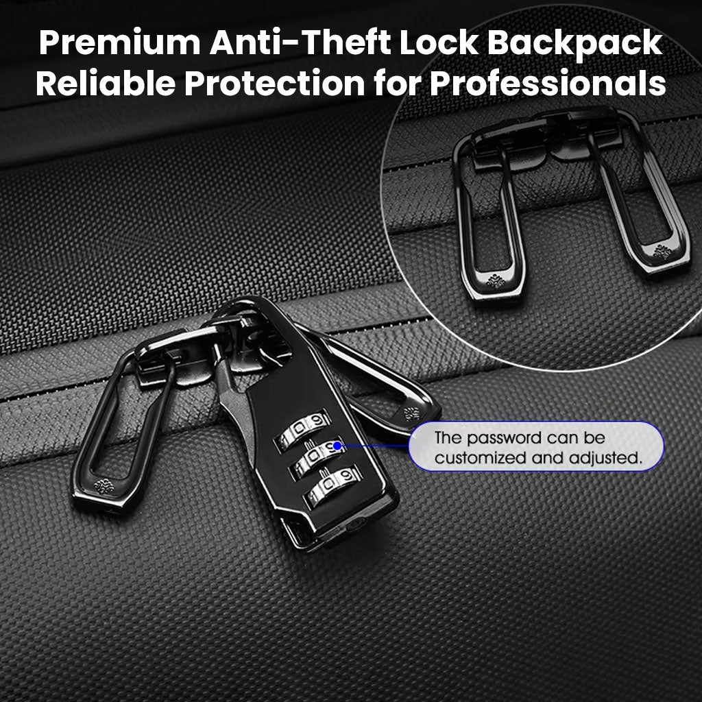 Anti-theft lock system on RZTX Smart Backpack with customizable password for secure travel and professional use.
