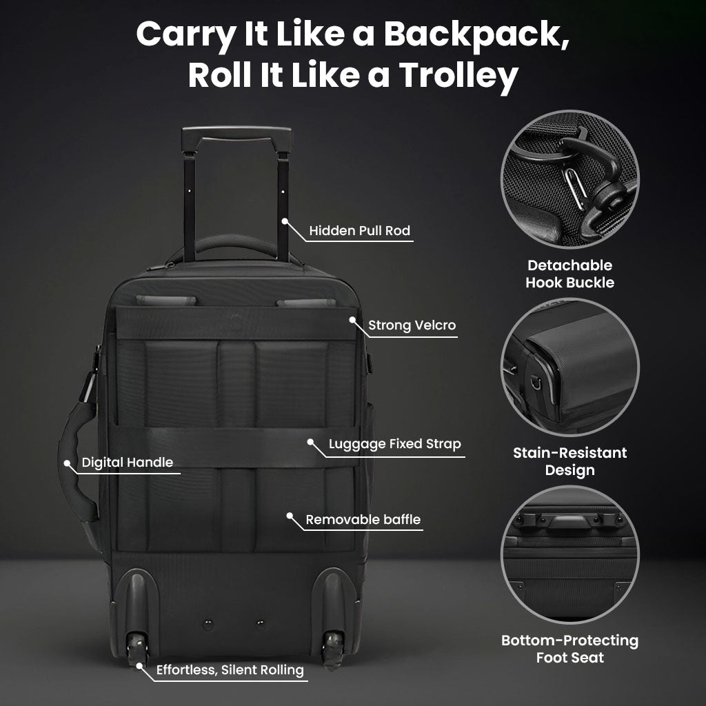 Convertible RZTX Smart Trolley Bag with backpack straps, silent wheels, and detachable hook buckle for versatile travel use.