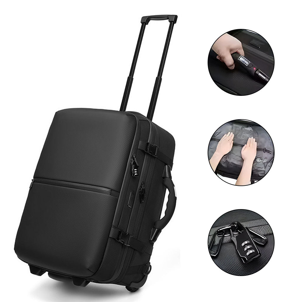 RZTX Smart Trolley Bag with Wheels featuring vacuum compression, USB charging, and anti-theft lock for modern travel convenience.