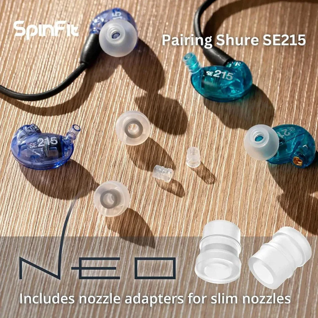 SpinFit Neo Eartips paired with Shure SE215 IEMs, showcasing included slim nozzle adapters for versatile compatibility.