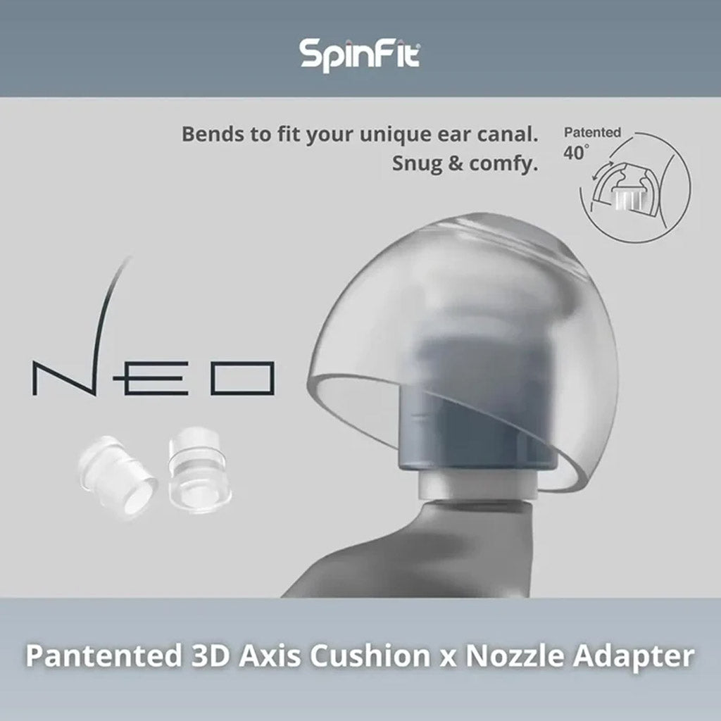 SpinFit Neo Eartips featuring patented 3D axis cushion for a snug fit and ergonomic comfort in the ear canal.