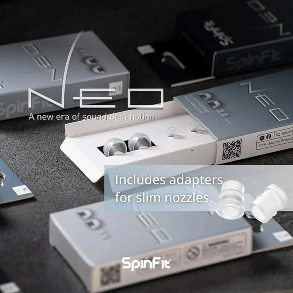 SpinFit Neo Eartips packaging with adapters for slim nozzles, highlighting premium silicone build for audio accessories.