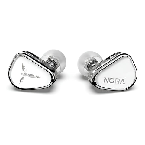 TANCHJIM NORA Dual Magnetic Dynamic Driver In ear Monitor with sleek silver faceplates and ergonomic in-ear design for audiophile-grade sound.