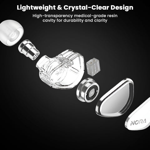 Exploded view of TANCHJIM NORA In ear Monitor showcasing lightweight crystal-clear resin shell and internal dual magnetic driver components.