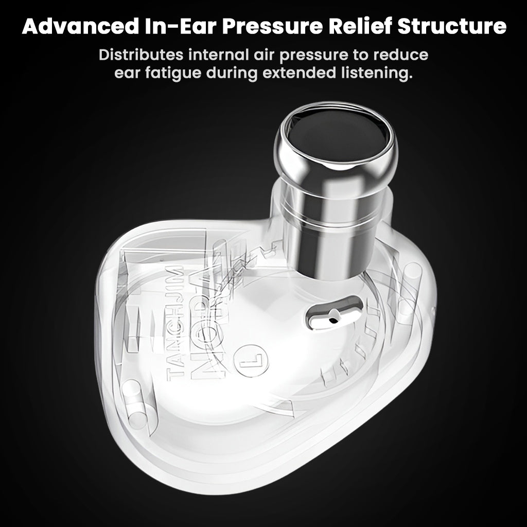 Close-up of TANCHJIM NORA In ear Monitor highlighting advanced in-ear pressure relief structure for reduced ear fatigue during long listening sessions.