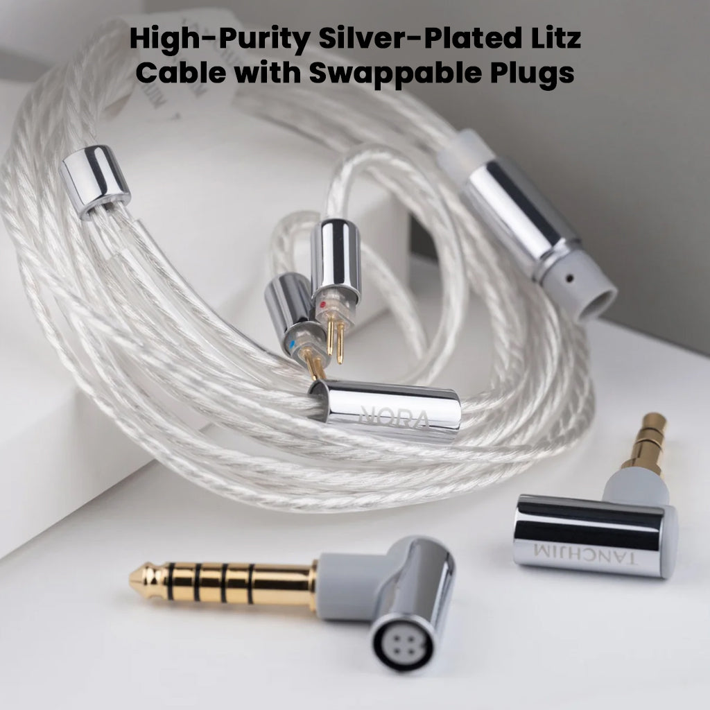 High-purity silver-plated Litz cable with swappable plugs included with TANCHJIM NORA In ear Monitor for versatile and high-quality audio connectivity.