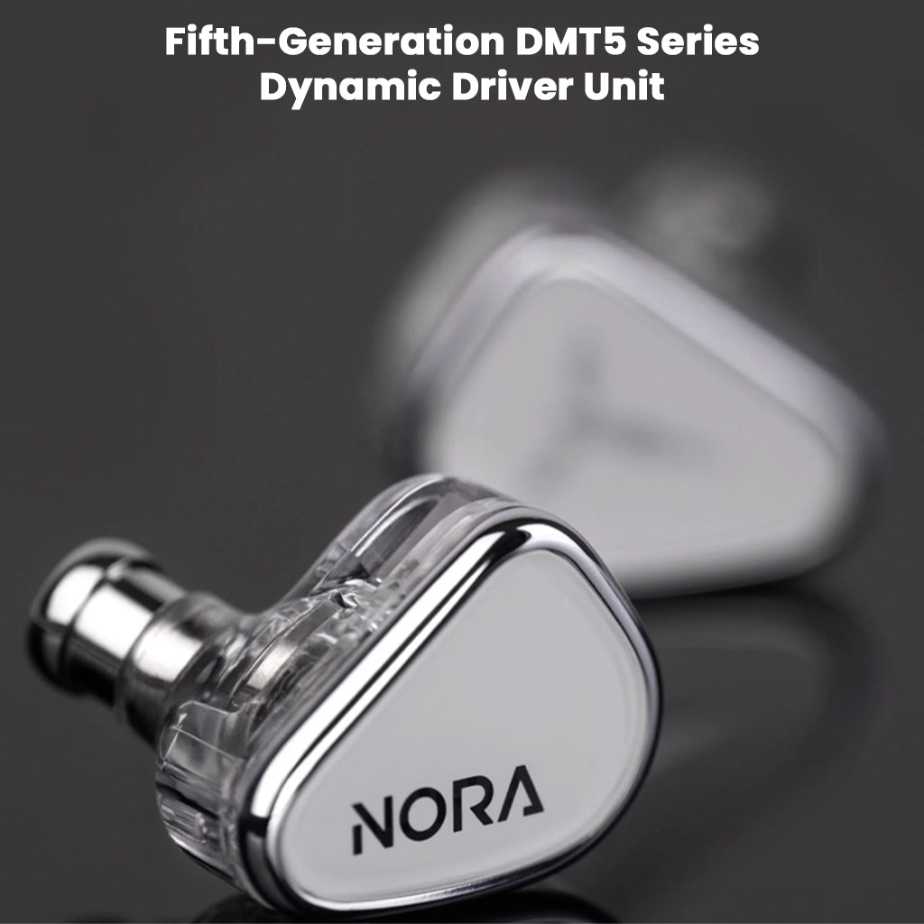 Close-up of TANCHJIM NORA In ear Monitor featuring fifth-generation DMT5 dynamic driver unit for high-fidelity audio performance.