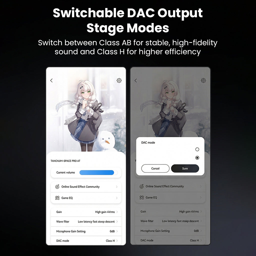 Mobile app interface for DAC output stage modes