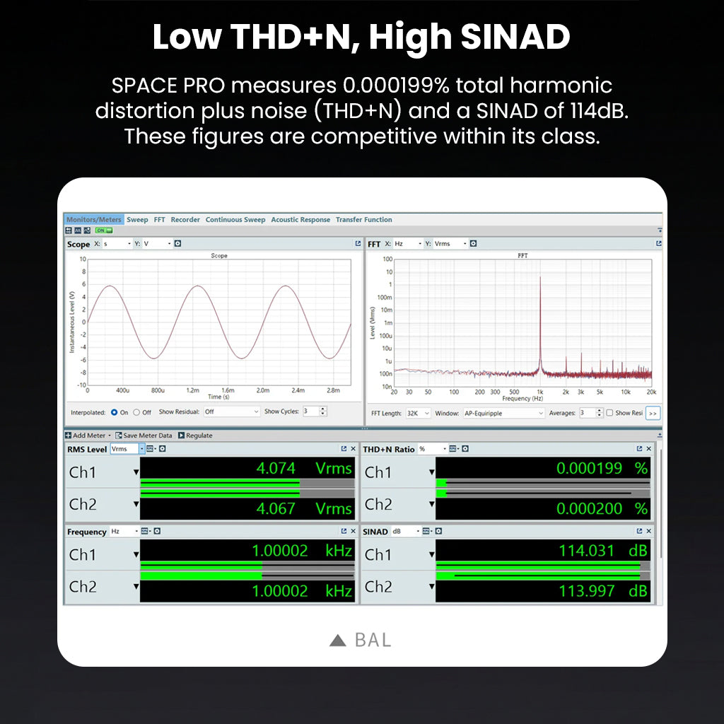 Audio measurement screen showing harmonic distortion and noise levels for the TANCHJIM Space Pro DAC & AMP