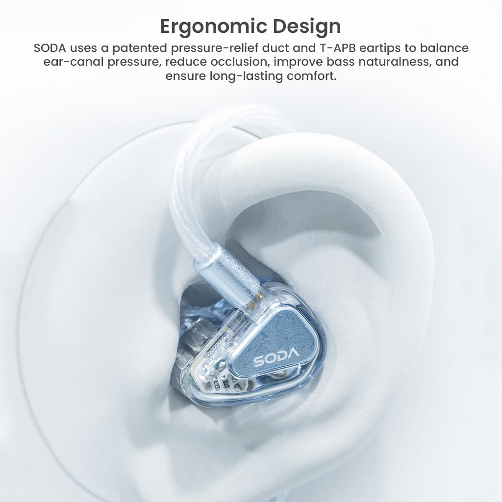 TANCHJIM SODA ergonomic in-ear monitor worn in ear, showcasing pressure-relief design for long-lasting comfort and secure fit.