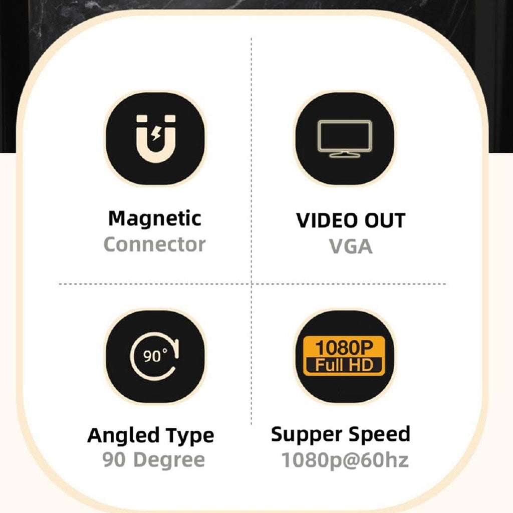 TECPHILE Magnetic Type C to VGA Adapter features 1080P@60Hz output, 90° angled design, and magnetic connector for secure and fast video transmission.