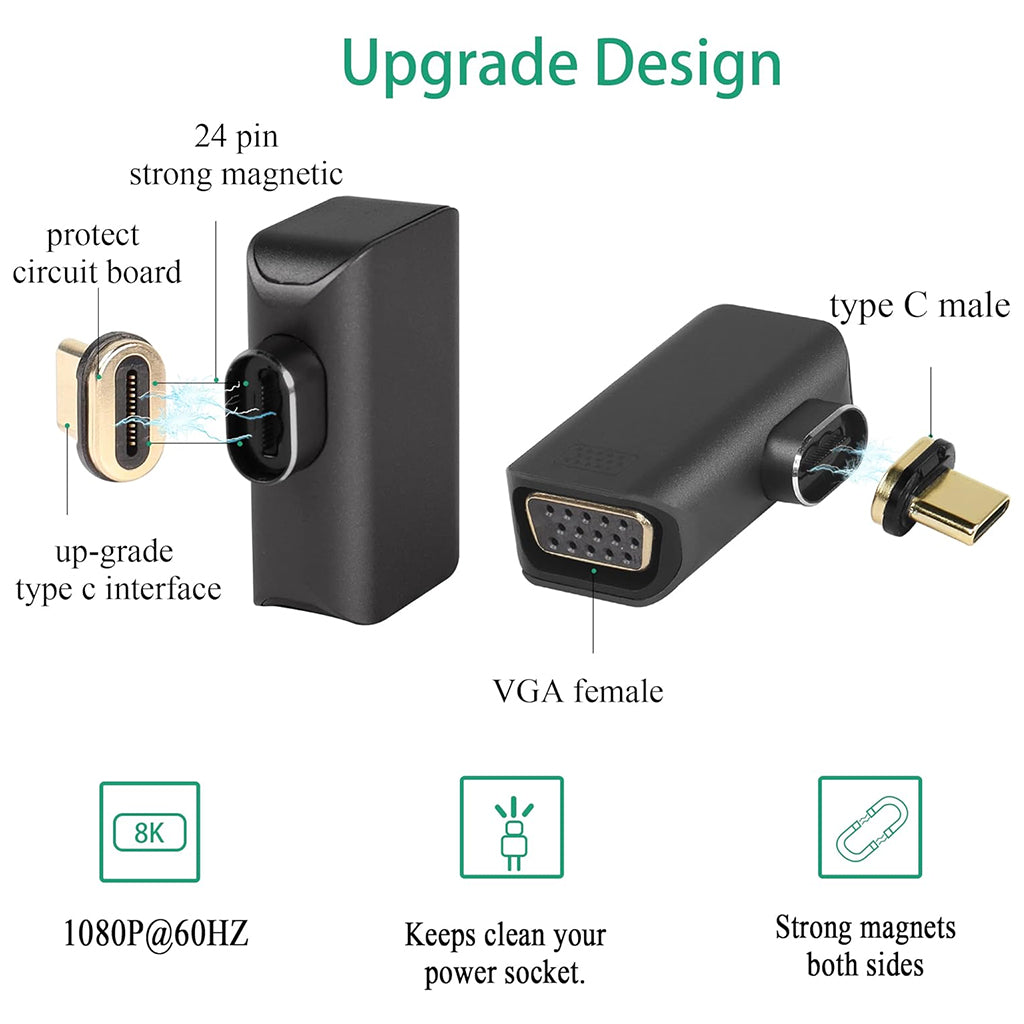TECPHILE Magnetic Type C to VGA Adapter with 24-pin connector and strong magnets offers 1080P@60Hz video output and protects your device’s port.