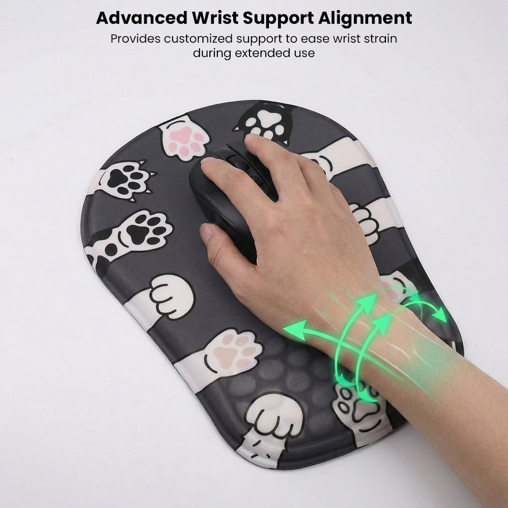 Mouse pad with ergonomic wrist support and dog paw design on white desk