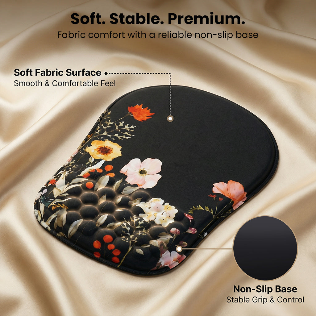 Floral ergonomic honeycomb mouse pad with wrist support on satin background