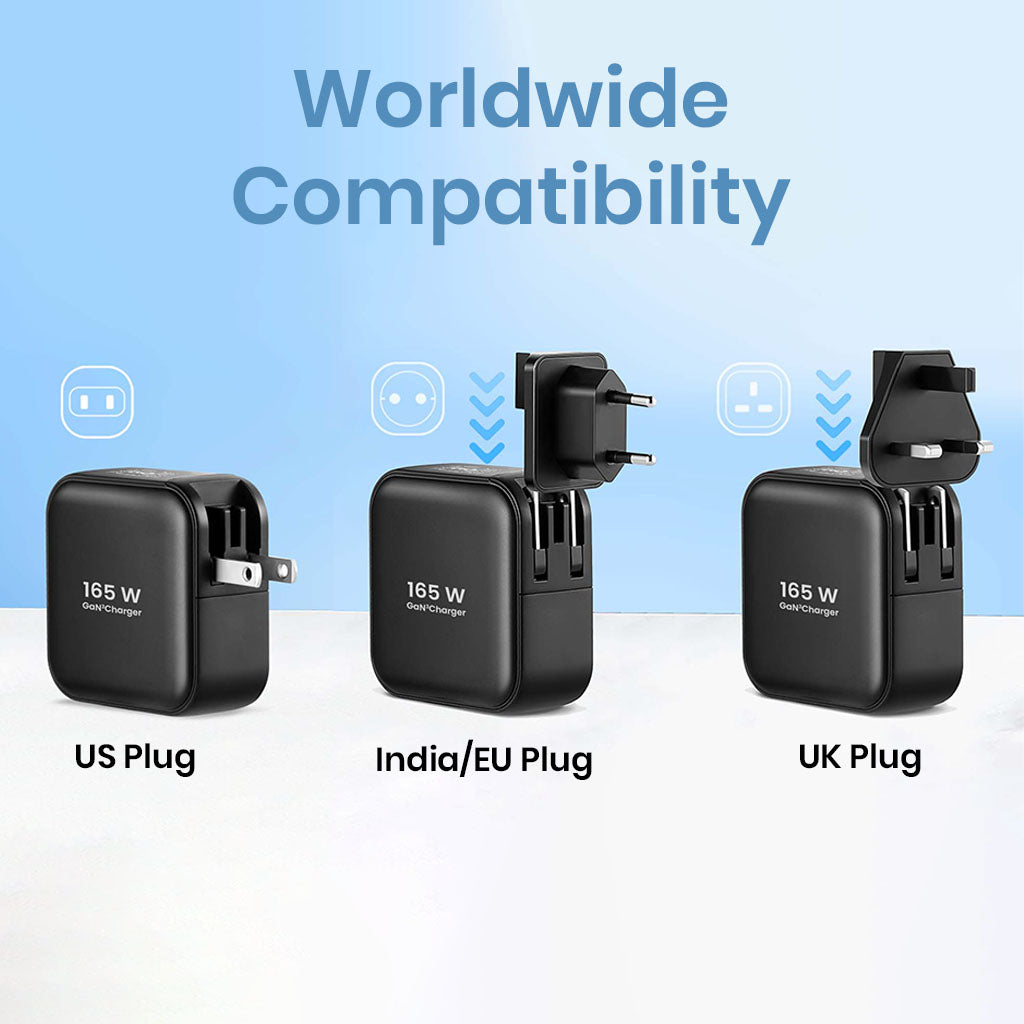 TECPHILE 165W PD GaN Charger with uk us eu indian plugs