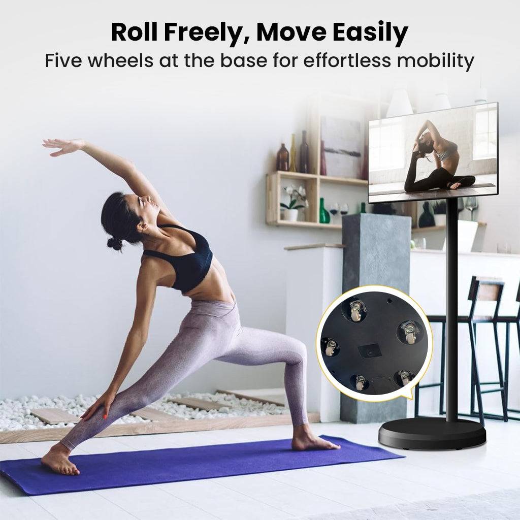 Smart digital display with rolling base, demonstrating easy mobility for home workouts and flexible positioning.