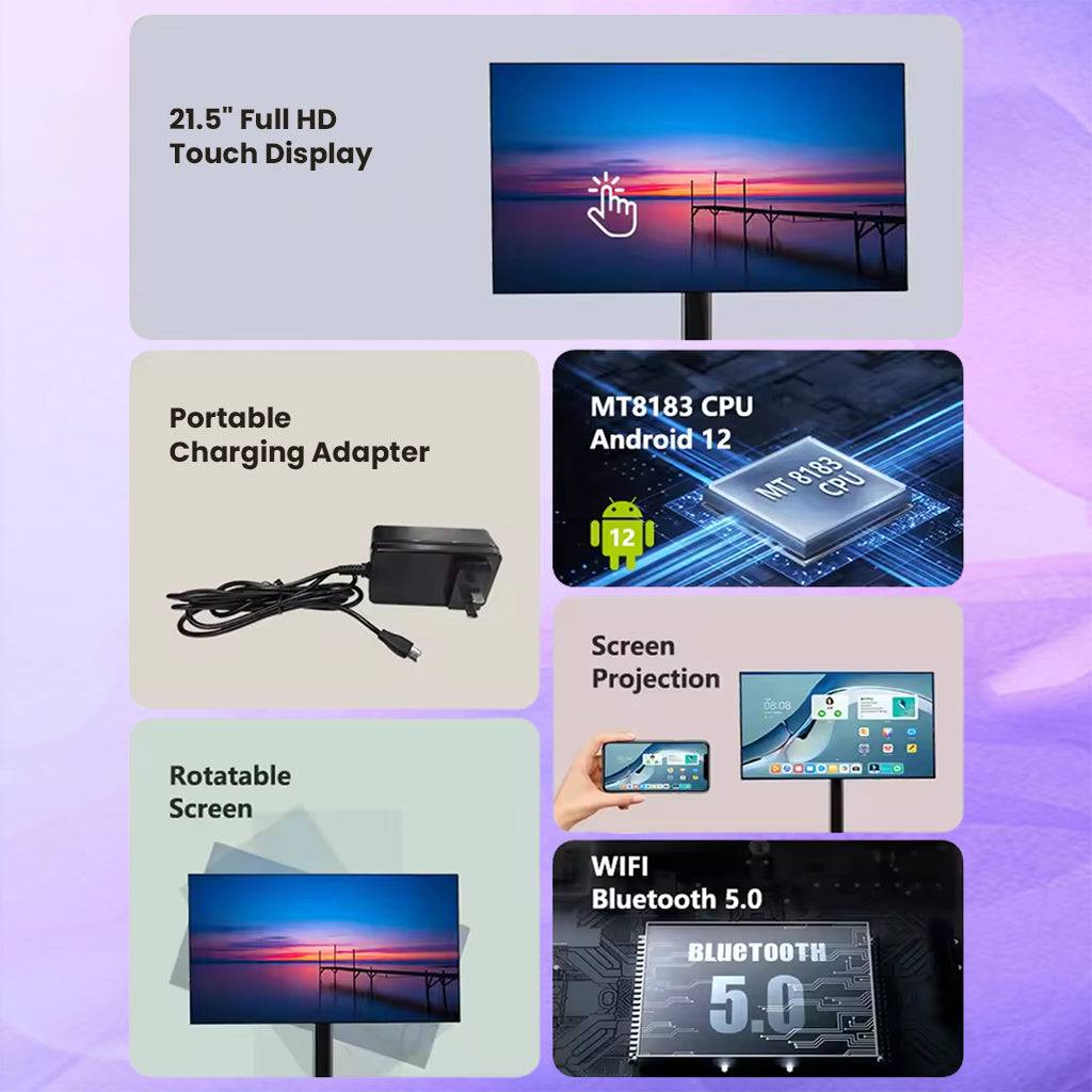 Key features of LINGQI 21.5-inch Full HD Smart Digital Display, including touch screen, Android 12, screen projection, and Bluetooth 5.0.