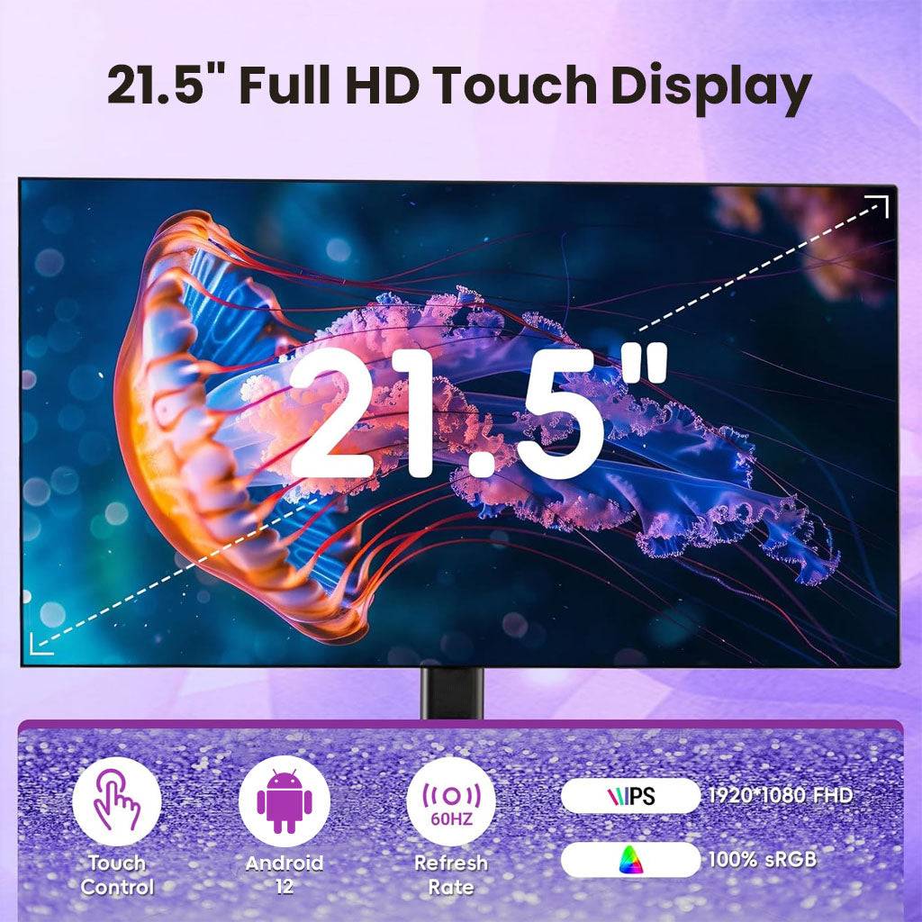 High-resolution 21.5-inch Full HD touch display with IPS panel, 60Hz refresh rate, and 100% sRGB color accuracy.