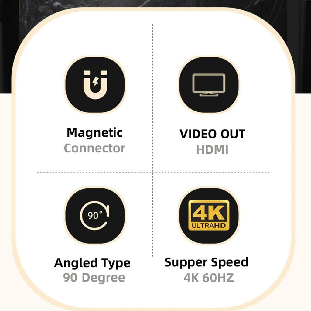 TECPHILE 4K FHD Magnetic Type C to HDMI Converter Adapter highlights magnetic connector, 90° angle, HDMI video out, and 4K 60Hz ultra HD support.