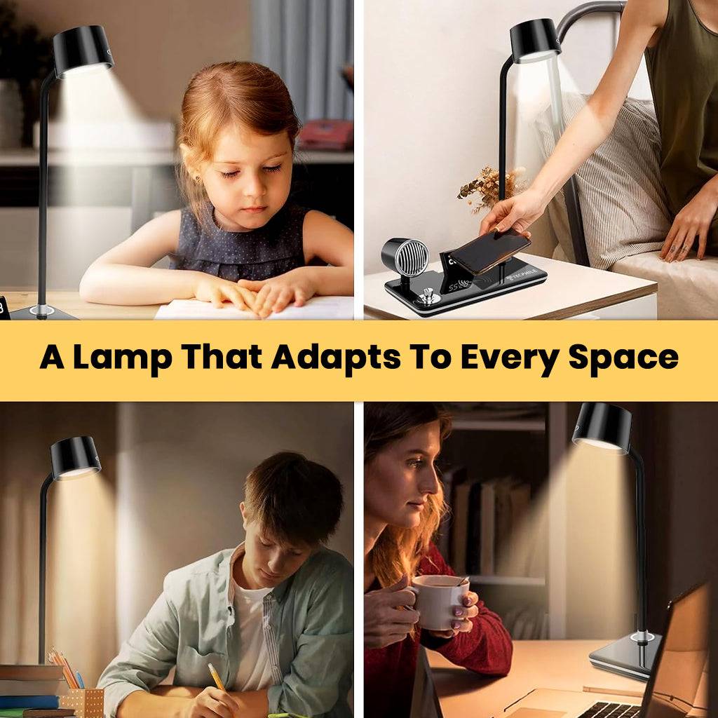 Versatile TECPHILE 5-in-1 desk lamp shown in various home settings, adapting to kids', teens', and adults' study and workspaces.