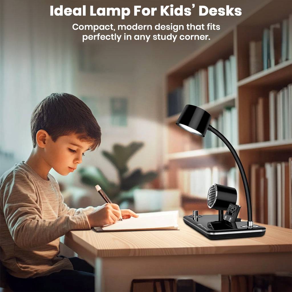 Compact TECPHILE 5-in-1 desk lamp on a child's study desk, combining lighting, Bluetooth speaker, and wireless charging.
