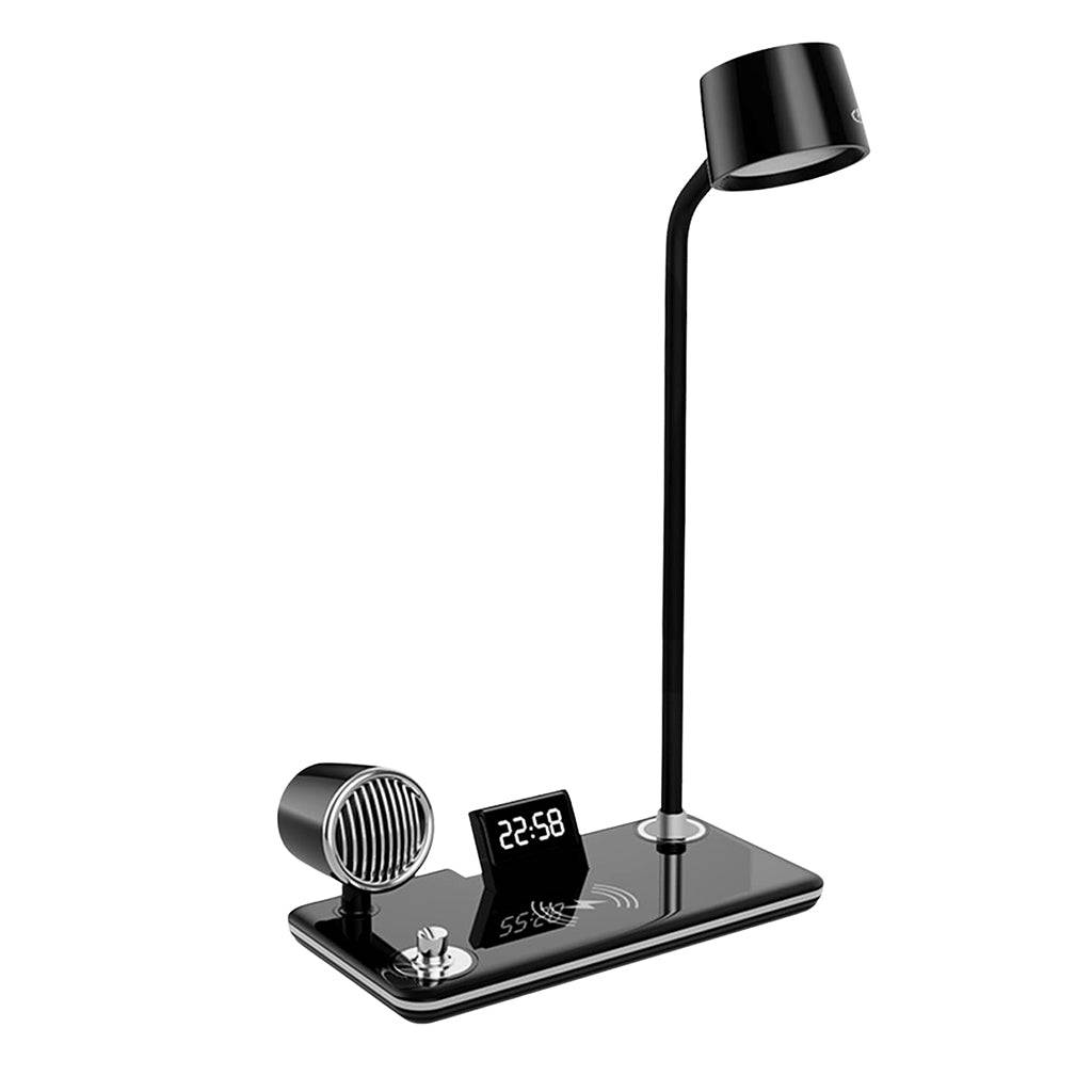 TECPHILE 5-in-1 study desk lamp with Bluetooth speaker, wireless charger, and digital clock in sleek black design for modern workspaces.