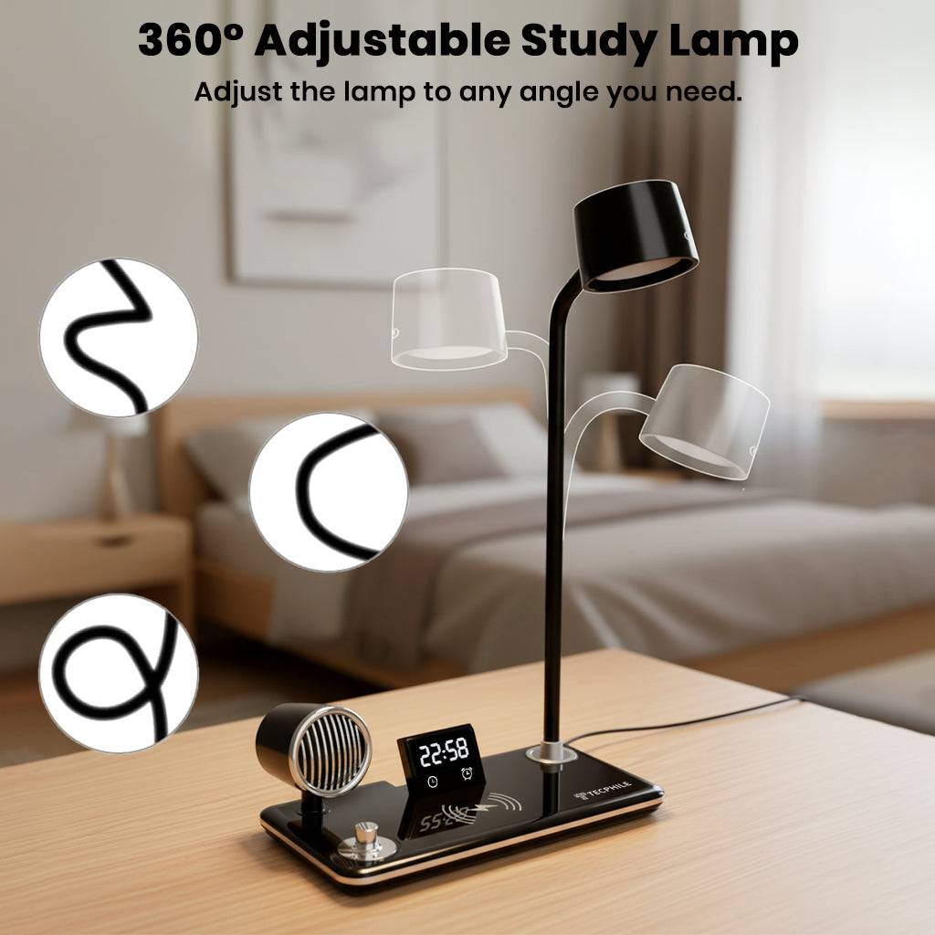 360° adjustable LED lamp arm on TECPHILE 5-in-1 study desk lamp, allowing flexible lighting angles for various tasks.