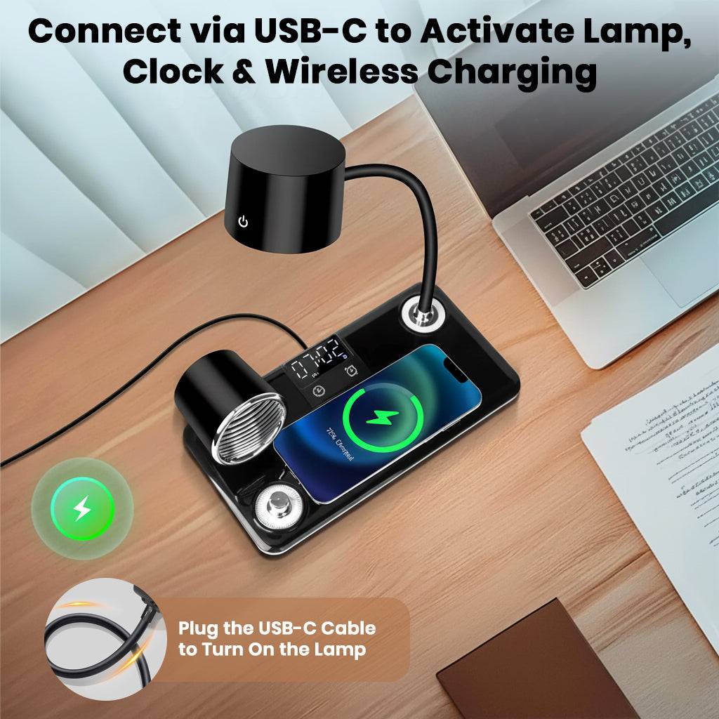 USB-C powered TECPHILE desk lamp with wireless charging, digital clock, and Bluetooth speaker for efficient desk setup.
