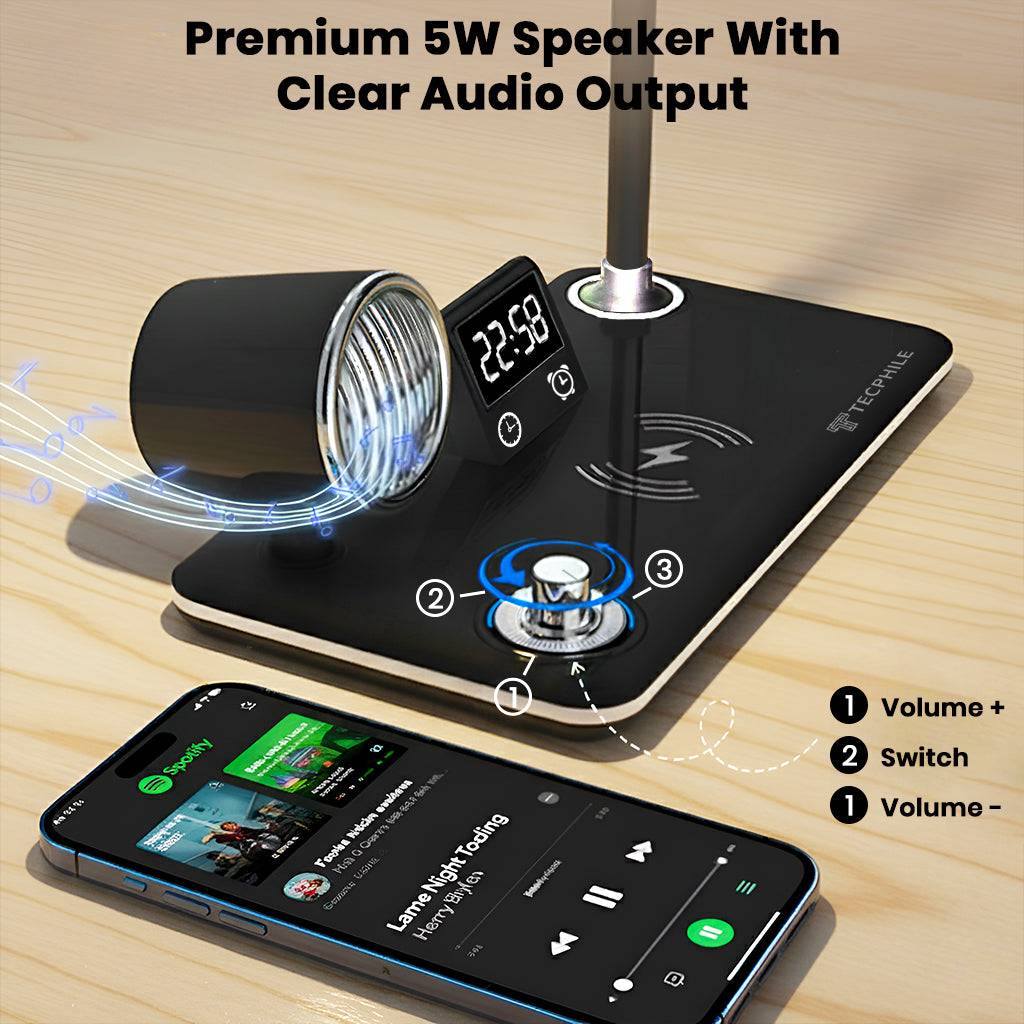 Premium 5W Bluetooth speaker integrated into TECPHILE 5-in-1 desk lamp, offering clear audio output for music and calls.