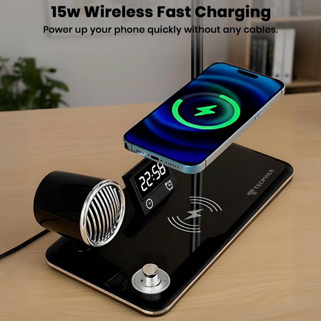 15W wireless fast charging feature on TECPHILE desk lamp, charging a smartphone without cables for clutter-free desks.
