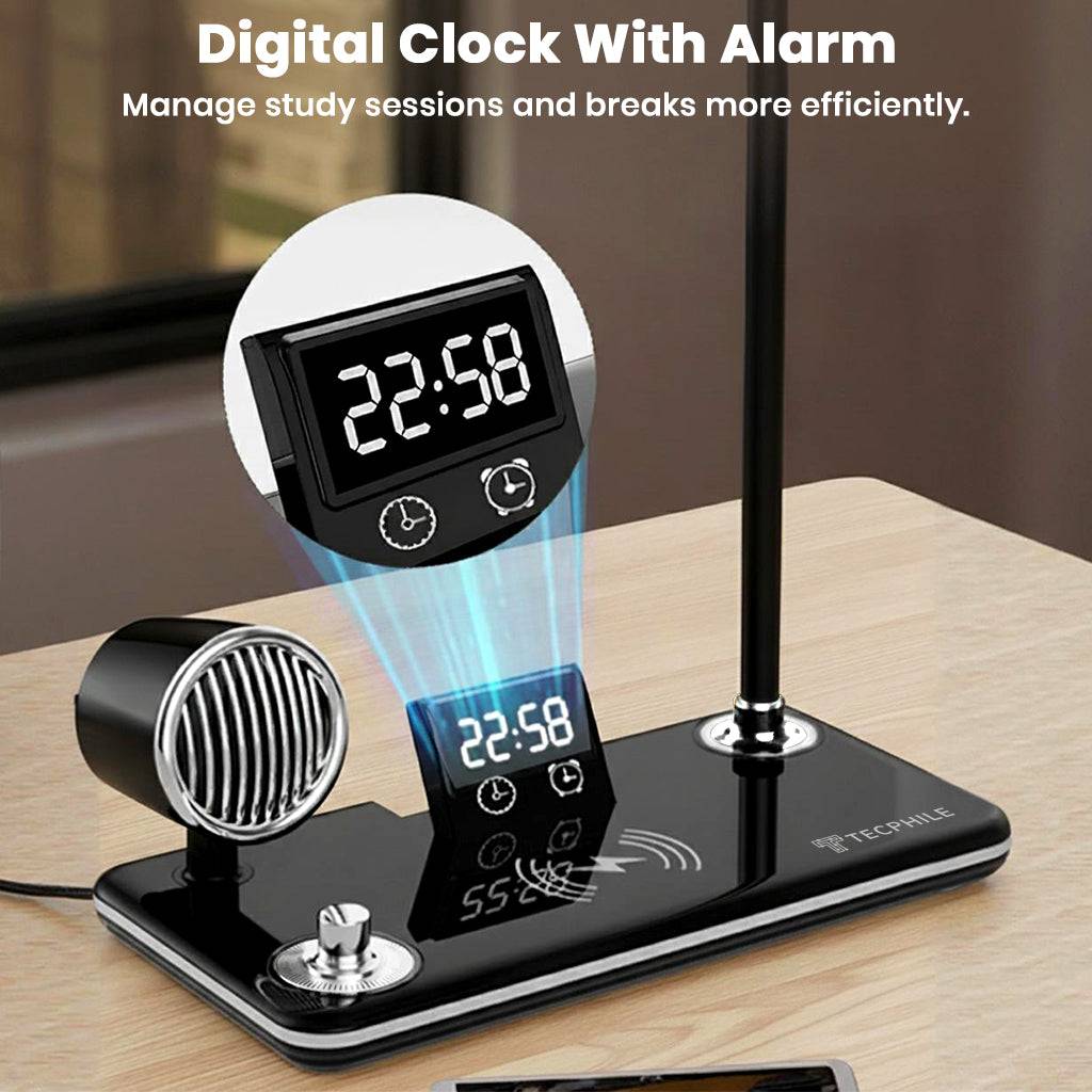 Digital clock with alarm feature on TECPHILE 5-in-1 desk lamp, ideal for managing study sessions and productivity breaks.