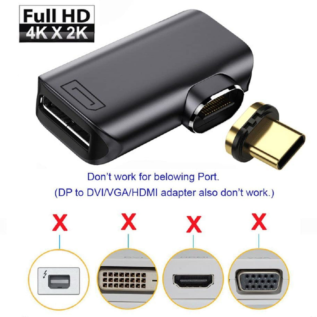 TECPHILE 8K UHD Magnetic Type C to DP Converter Adapter not compatible with Thunderbolt, DVI, VGA, or HDMI ports, supports only DisplayPort output.