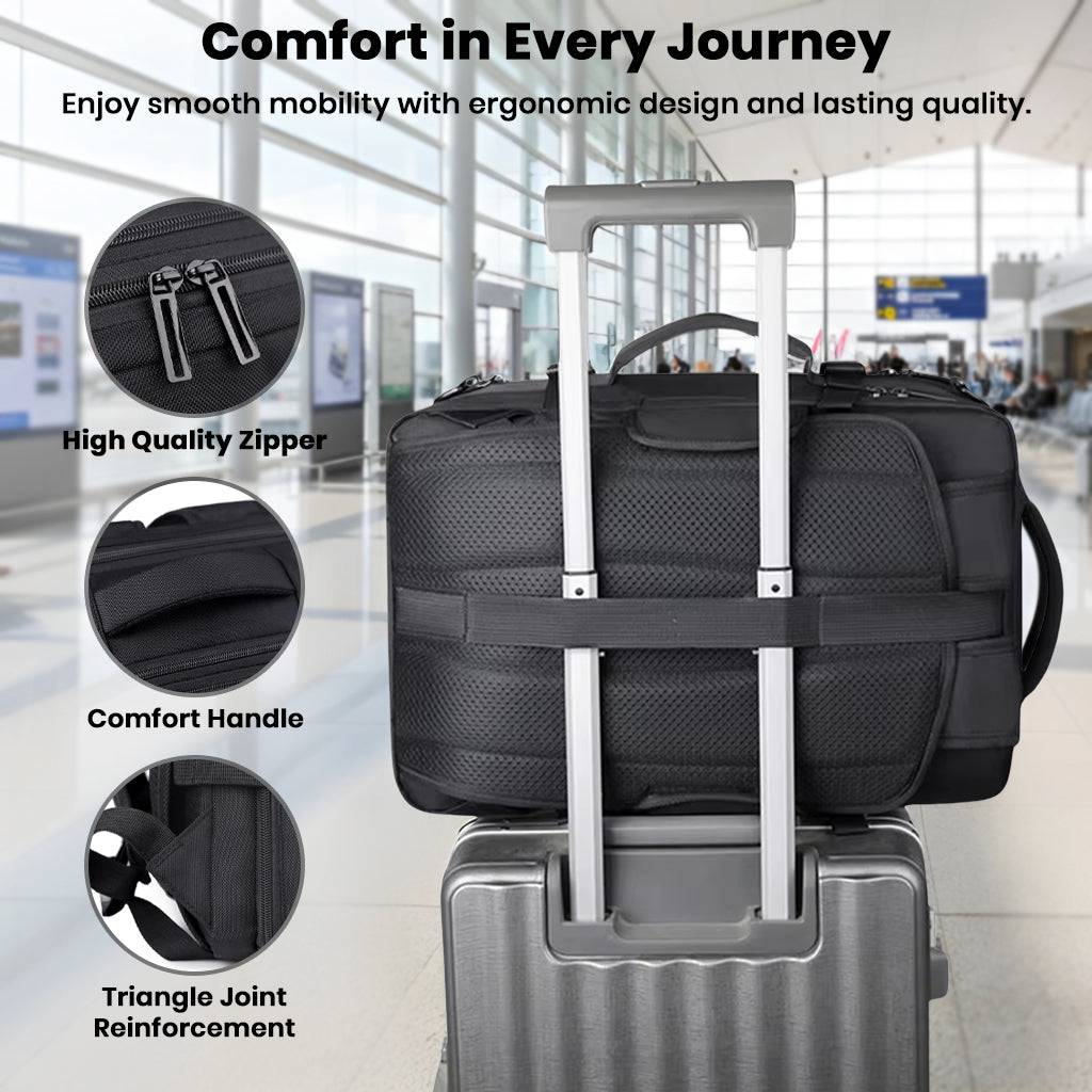 TECPHILE smart travel backpack with ergonomic handle, triangle joint reinforcement, and smooth mobility design.