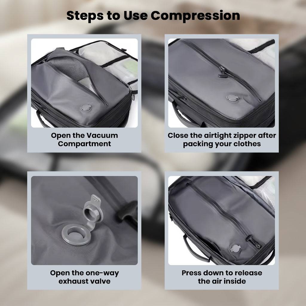 TECPHILE expandable backpack with step-by-step guide to using vacuum compression for efficient packing.
