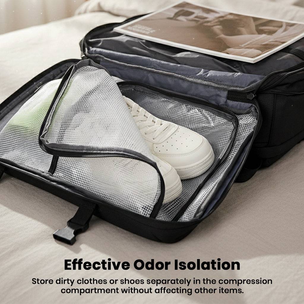 TECPHILE vacuum backpack with odor-isolating compartment for storing shoes or dirty clothes separately during travel.