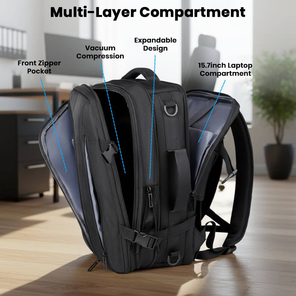 TECPHILE smart backpack with multi-layer compartments including vacuum compression and 15.7-inch laptop section.
