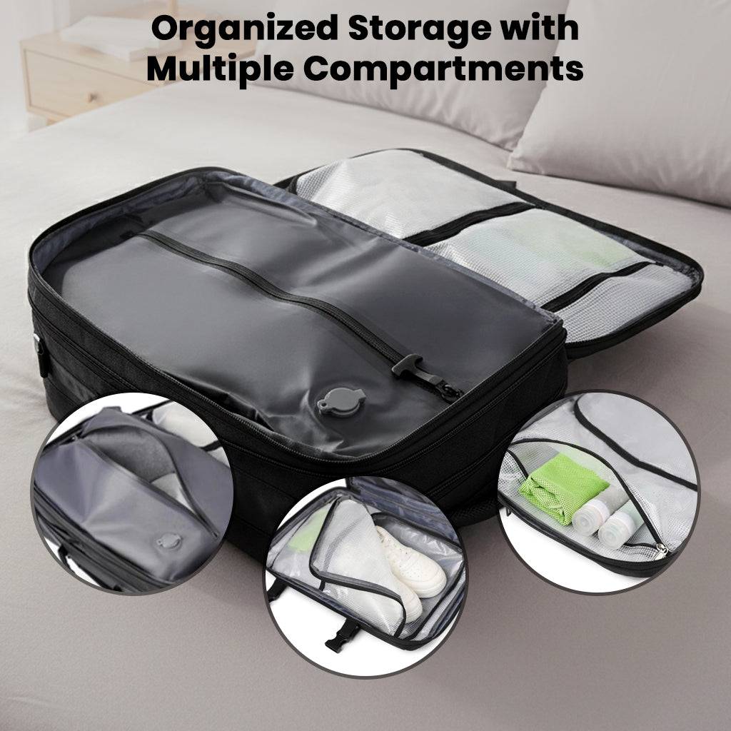 TECPHILE expandable laptop backpack with organized storage compartments for efficient packing and smart travel.