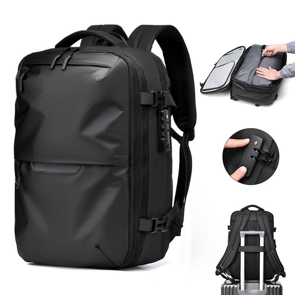 TECPHILE AirVolt 55L Expandable Smart Backpack with organized compartments, anti-theft lock, and durable waterproof design.