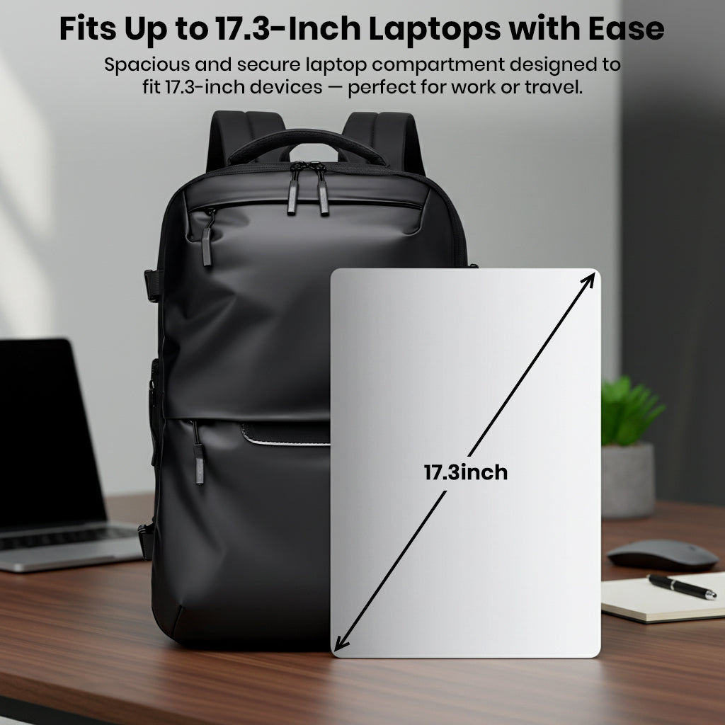 TECPHILE AirVolt Laptop Backpack fits up to 17.3-inch laptops, offering secure and spacious storage for work or travel.