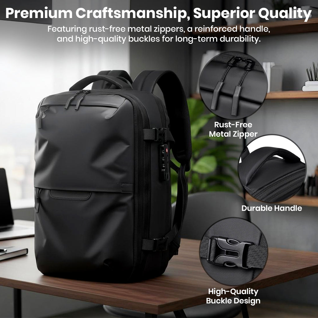 TECPHILE AirVolt Backpack with rust-free zippers, durable handle, and premium buckles for long-lasting quality.