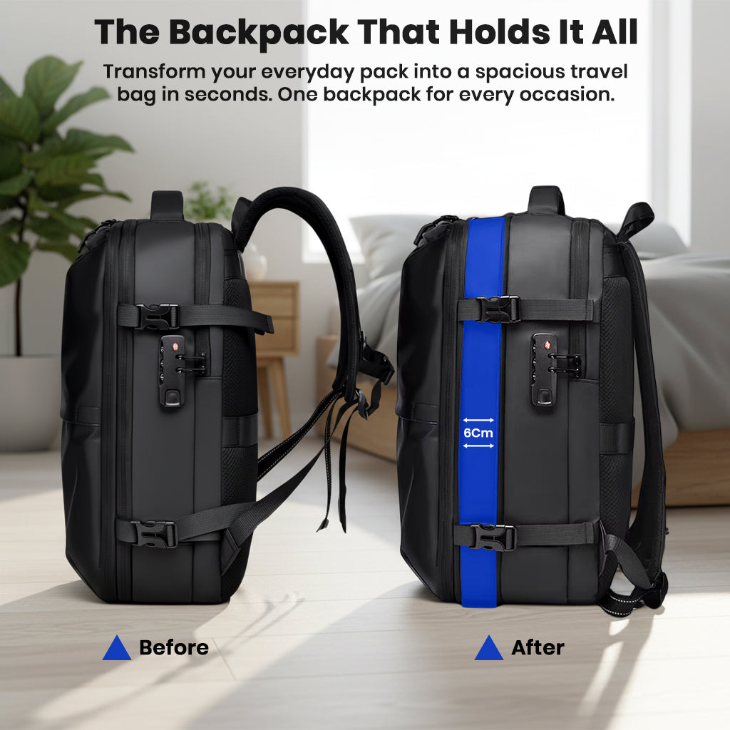 Expandable TECPHILE AirVolt Backpack with 8cm extra space, transforming from daily use to travel mode instantly.