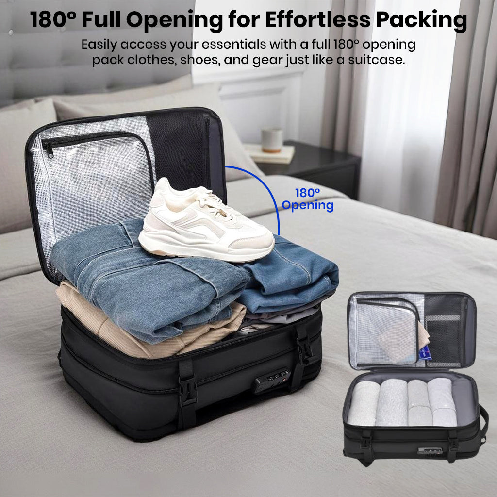 TECPHILE AirVolt Backpack with 180° full opening for suitcase-style packing, perfect for organizing clothes and travel gear.