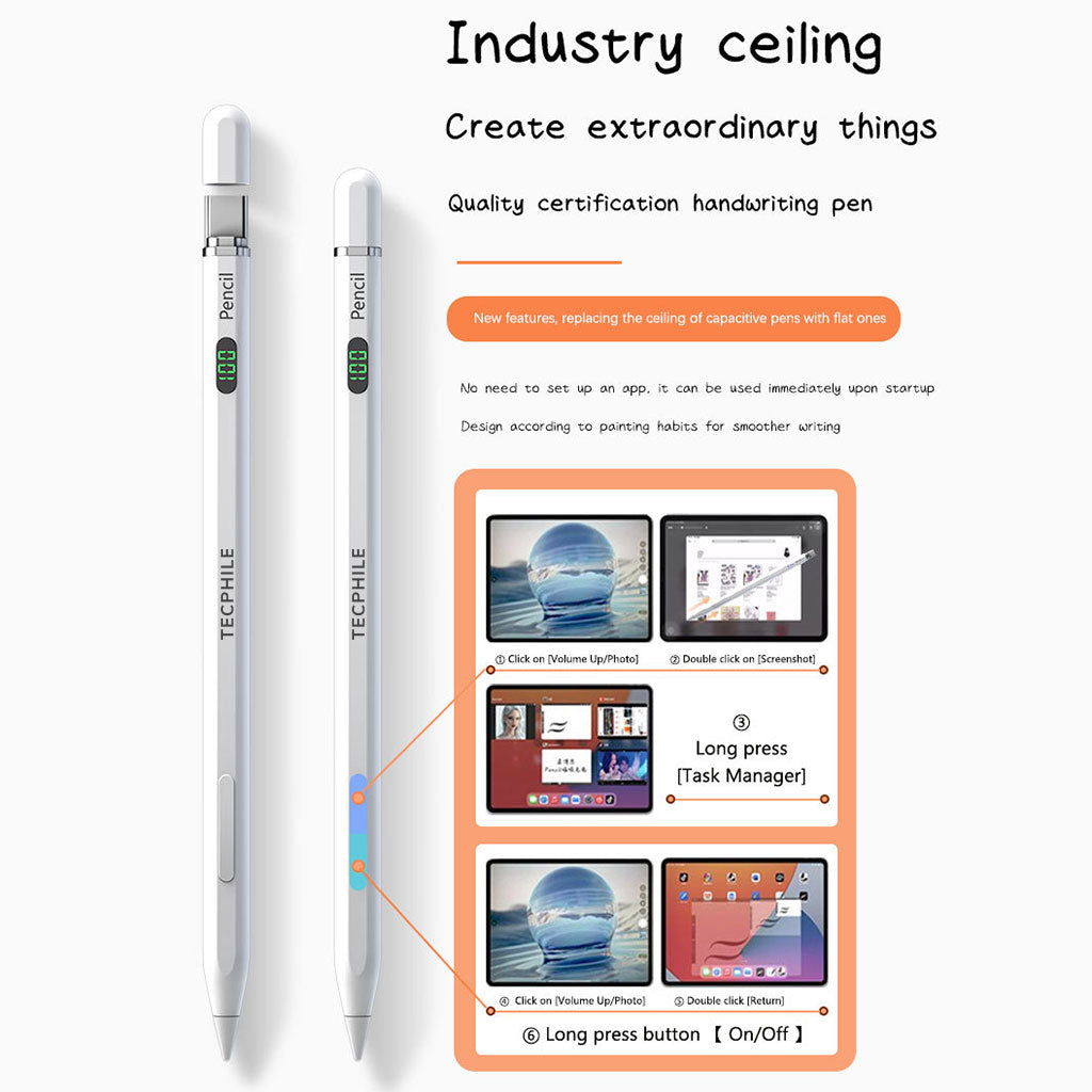 TECPHILE iPad Pencil with LED display and shortcut functions, designed for smooth writing and drawing with ergonomic upgrades.