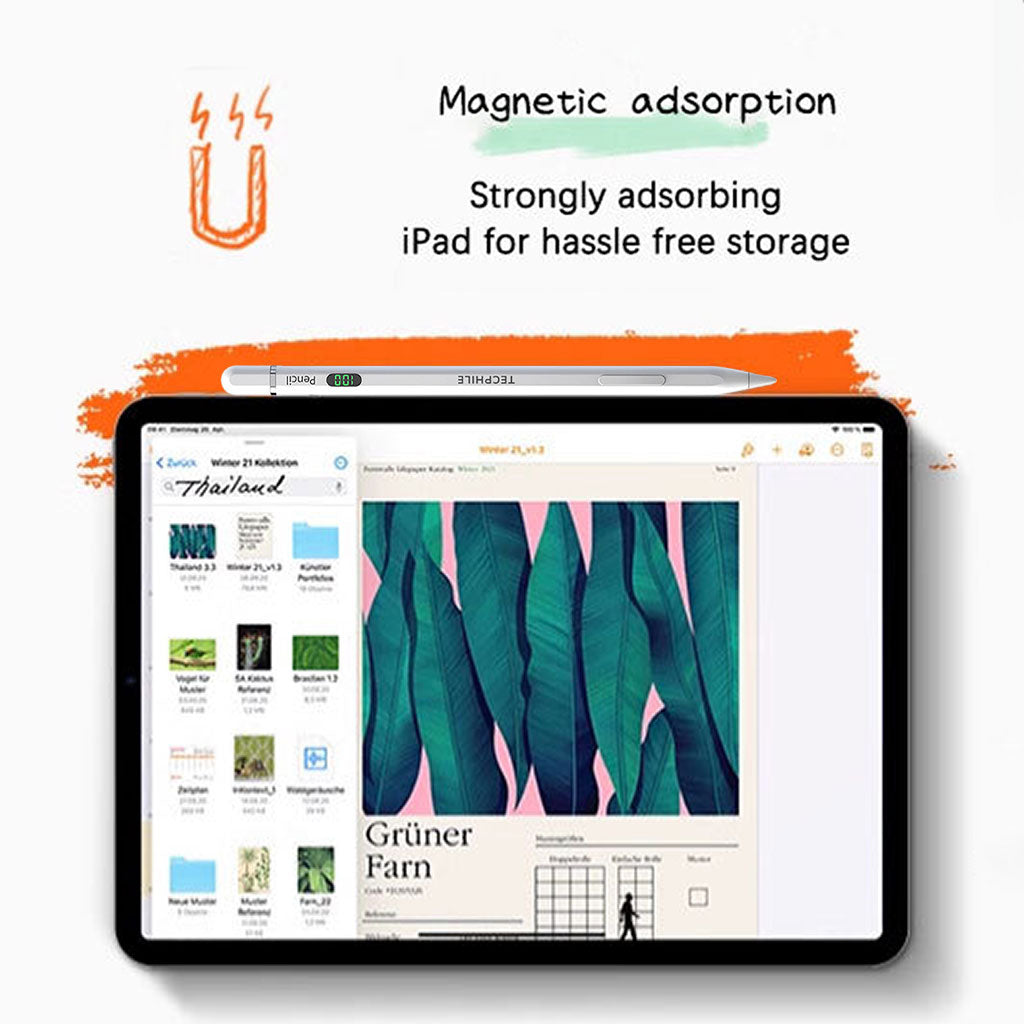 TECPHILE iPad Pencil magnetically attached to iPad, offering convenient storage and strong magnetic adsorption.