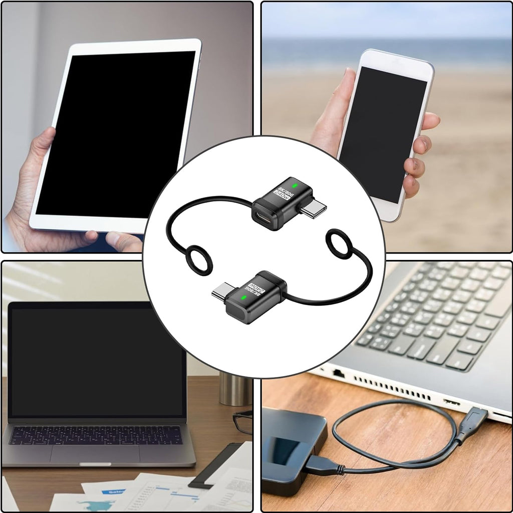 TECPHILE 240W USB-C Adapter shown with various devices including tablets, phones, and laptops, highlighting broad compatibility and portability.