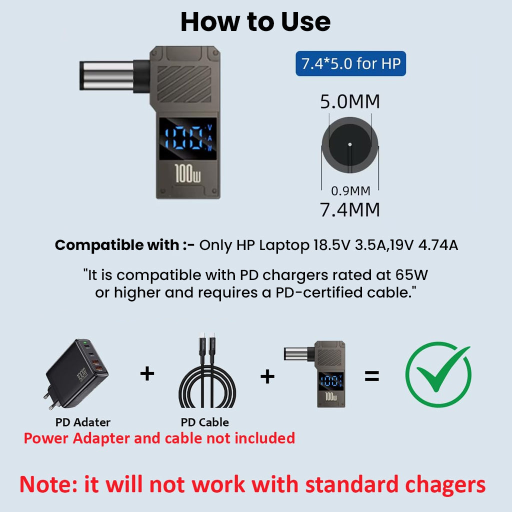 How to use TECPHILE 100W Adapter with HP laptops using 7.4x5.0mm connector, requires PD charger and certified cable