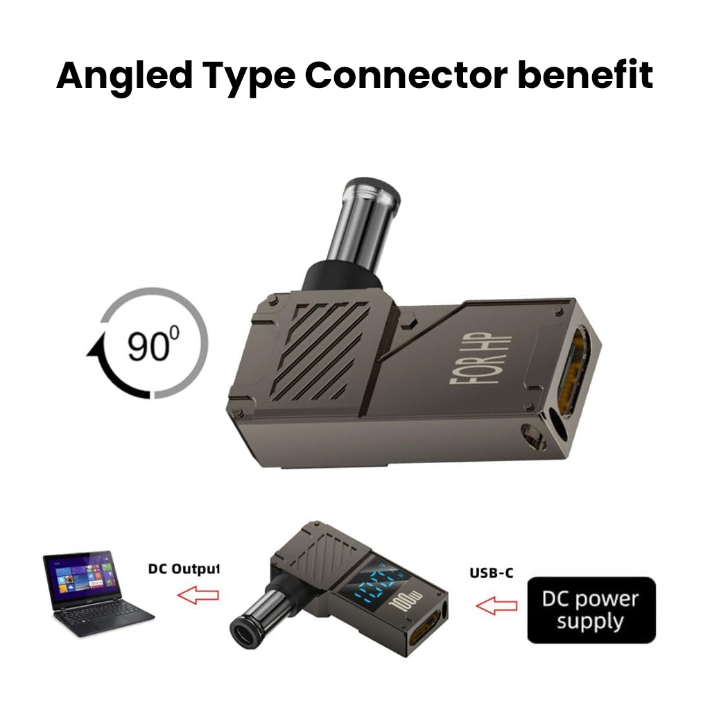 Angled connector design of TECPHILE 100W Adapter for HP laptops, USB-C to DC power conversion with 90-degree benefit