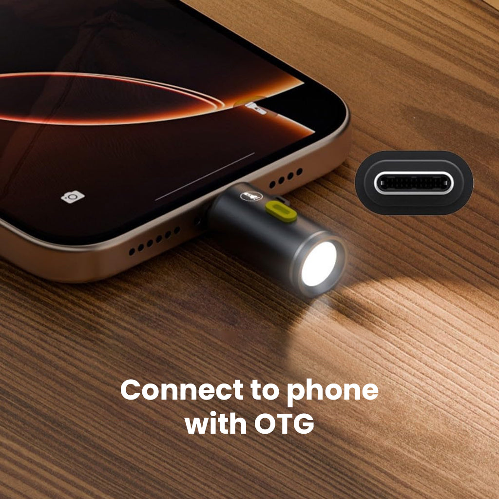 TECPHILE Mini Flashlight Adapter connects to phone via OTG, turning your device into a portable flashlight for emergency or night use.